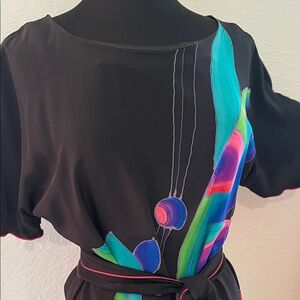 Yolanda Lorente Black Dress Silk Hand painted with Colorful Abstract Design